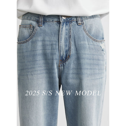 Men’s Light Wash Ripped Straight Leg Jeans – Casual Distressed Denim Pants