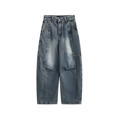 Men’s Vintage Washed Denim Jeans – Retro Pleated Loose Straight-Leg Pants
