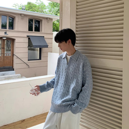 Men’s Retro Herringbone Knit Sweater – Textured Lapel Pullover, Vintage Casual Jumper