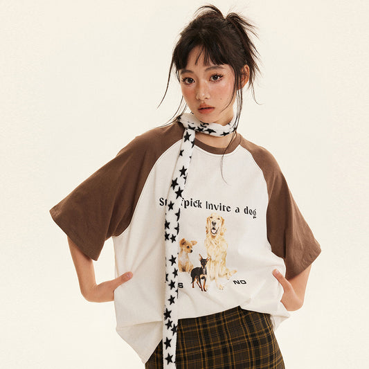 Women’s Cute Puppy Print Colorblock Short Sleeve T-Shirt – Casual Summer Top