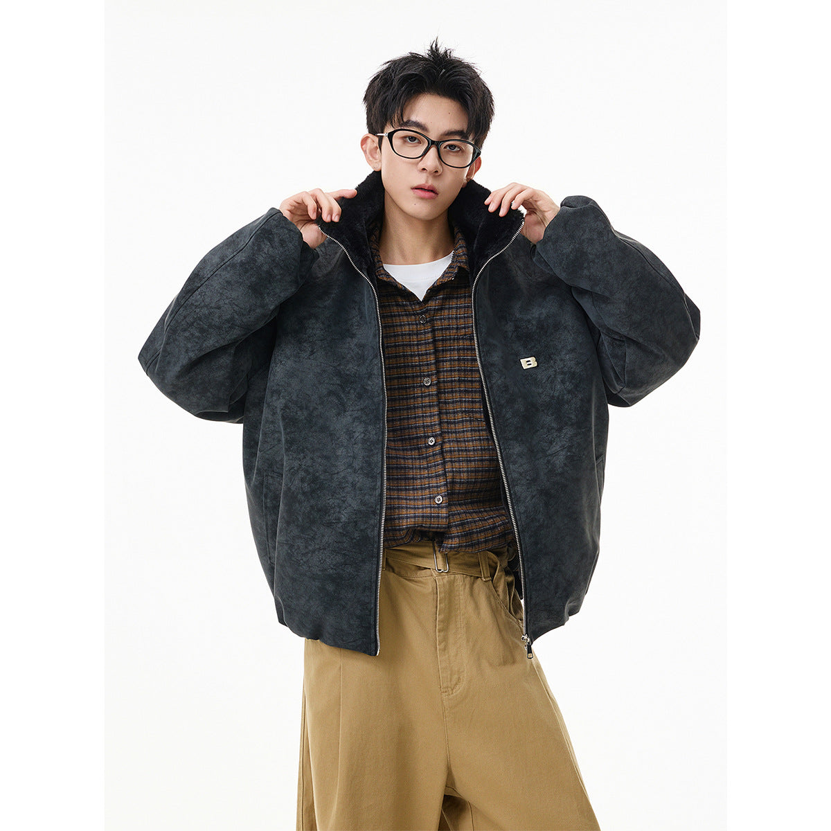 Men’s American Style Fleece-Lined Cotton Coat – Tie-Dye PU Leather Lapel, Fur Trim, Extra Warm Padded Jacket