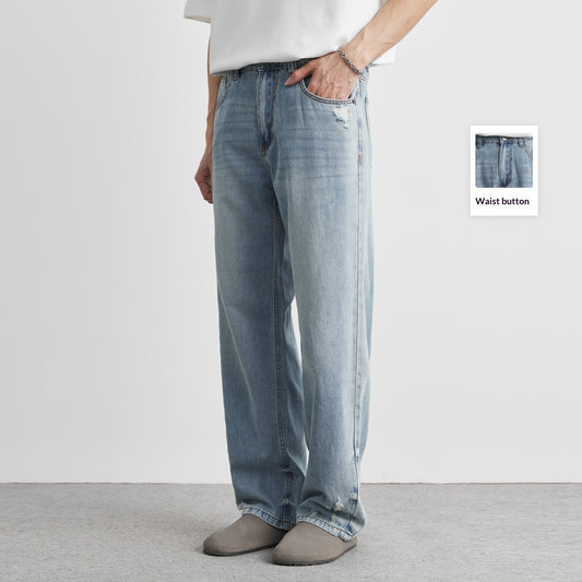 Men’s Light Wash Ripped Straight Leg Jeans – Casual Distressed Denim Pants