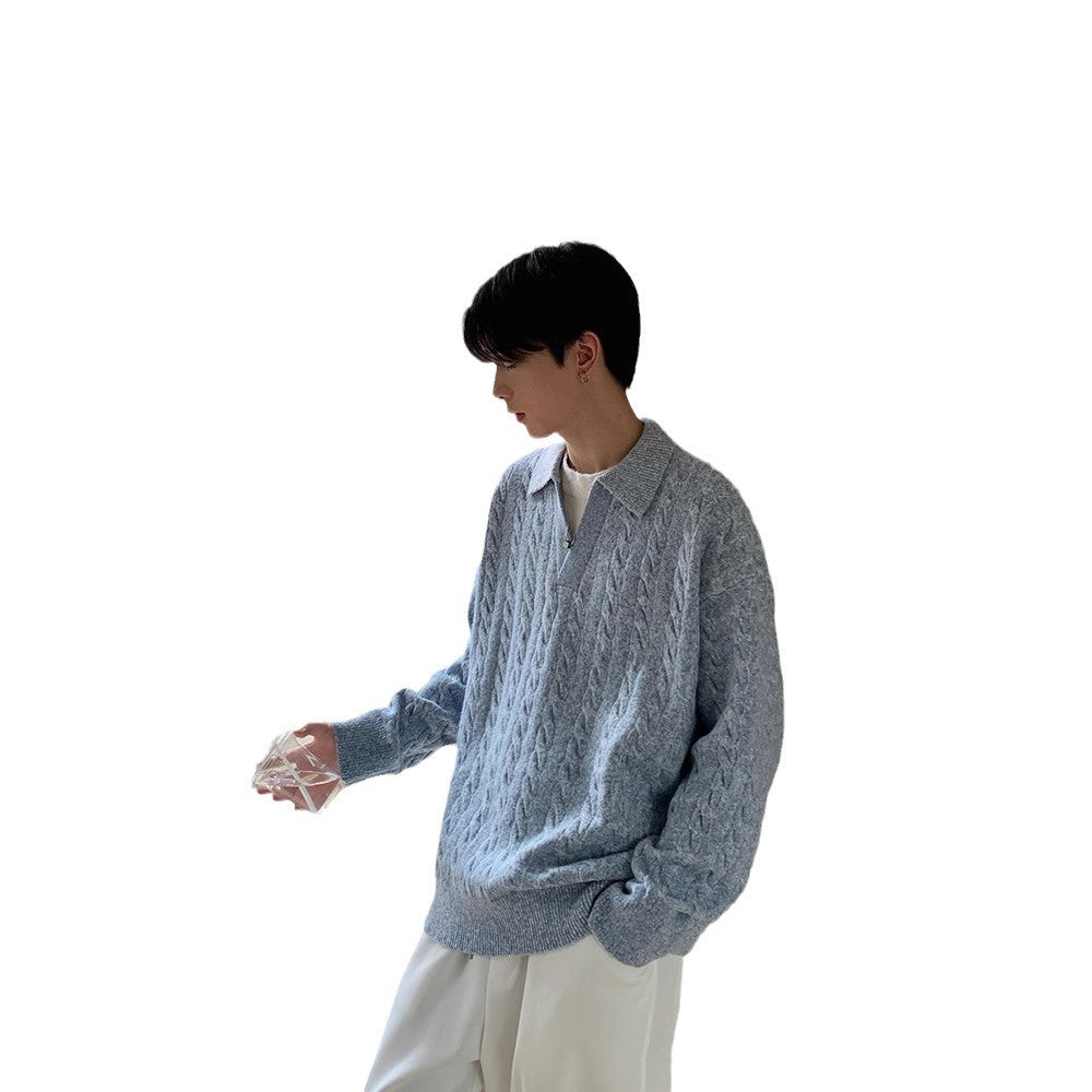 Men’s Retro Herringbone Knit Sweater – Textured Lapel Pullover, Vintage Casual Jumper