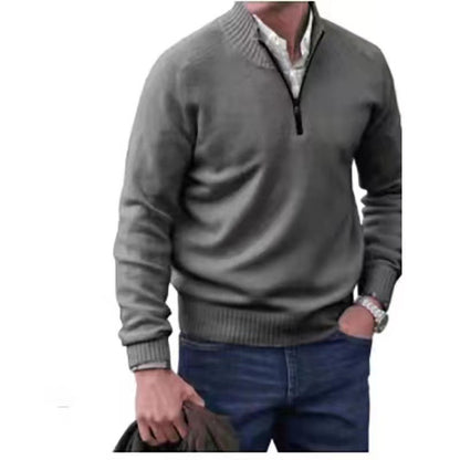Men’s Casual Zip Collar Sweater – Solid Color Knit