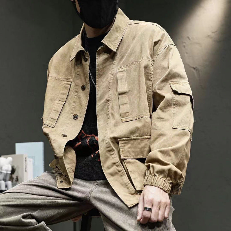 Men’s Oversized Vintage Denim Jacket – Trendy Multi-Pocket Casual Coat