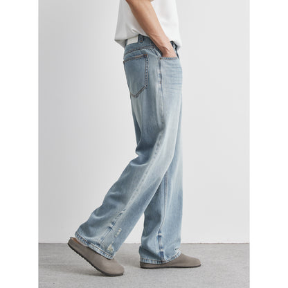 Men’s Light Wash Ripped Straight Leg Jeans – Casual Distressed Denim Pants