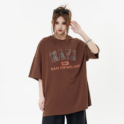 Women’s Casual Letter Patch Embroidery T-Shirt – Stylish Short Sleeve Cotton Top