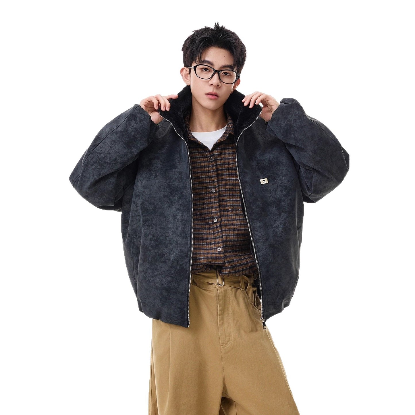 Men’s American Style Fleece-Lined Cotton Coat – Tie-Dye PU Leather Lapel, Fur Trim, Extra Warm Padded Jacket