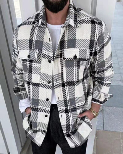 Men’s Long Sleeve Check Shirt – Casual Stand Collar Pocket Shirt