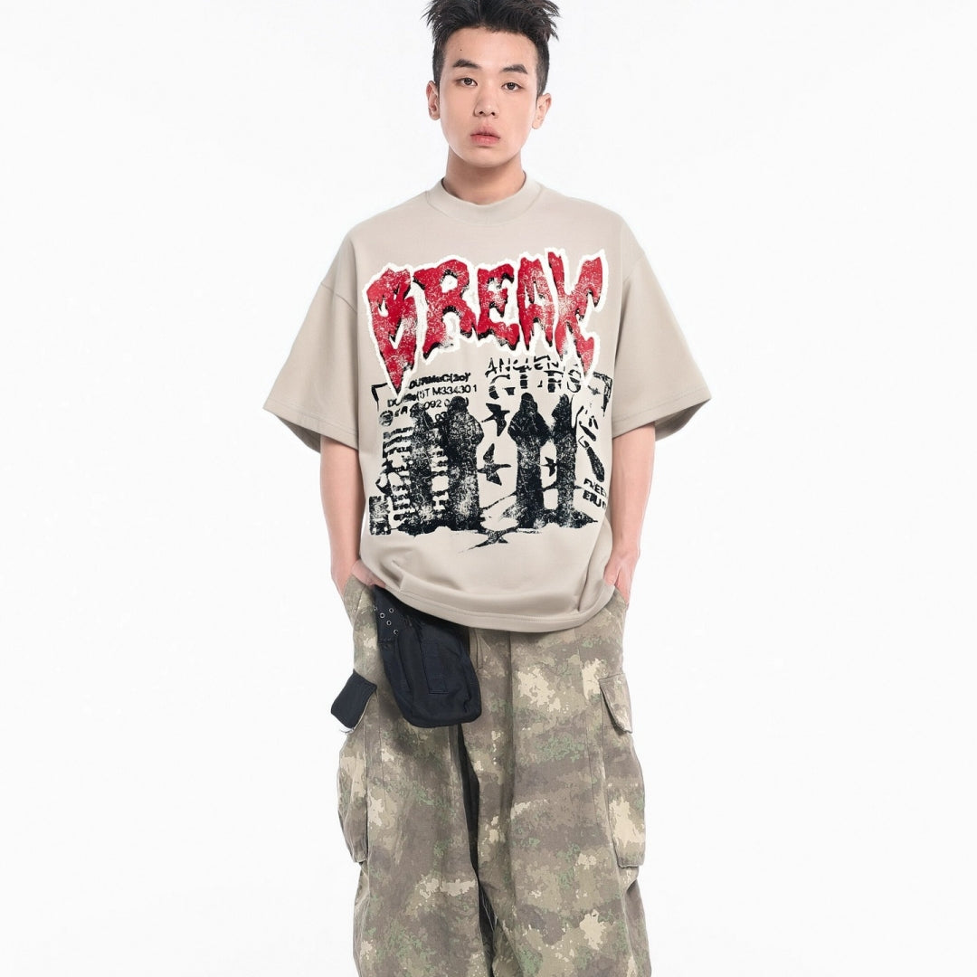 Men’s American Streetwear Hip-Hop Rock Band Graphic T-Shirt – Letter Print Short Sleeve Tee