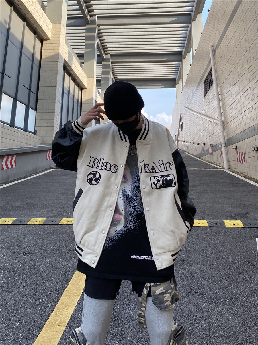 High Street PU Leather Patchwork Varsity Jacket for Men – Stylish Baseball Streetwear