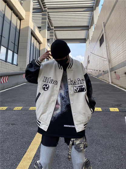High Street PU Leather Patchwork Varsity Jacket for Men – Stylish Baseball Streetwear