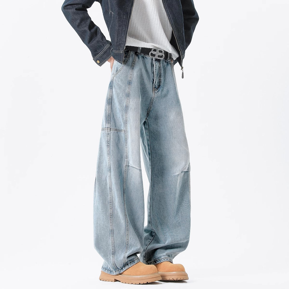 Men’s Vintage Washed Denim Jeans – Retro Pleated Loose Straight-Leg Pants