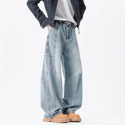 Men’s Vintage Washed Denim Jeans – Retro Pleated Loose Straight-Leg Pants