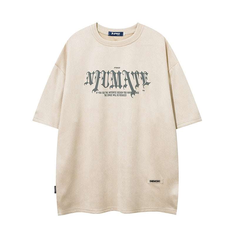 Men’s American Retro High Street Velvet Puff Print T-Shirt – Deerskin Fabric Short Sleeve Streetwear Tee