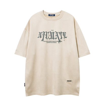 Men’s American Retro High Street Velvet Puff Print T-Shirt – Deerskin Fabric Short Sleeve Streetwear Tee