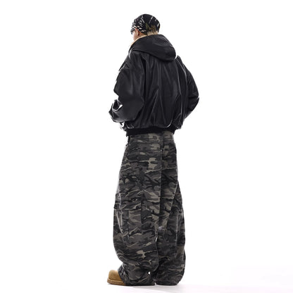 Retro American Style Camo Patchwork Jeans – Men’s Ripped Machete-Cut Denim Trousers