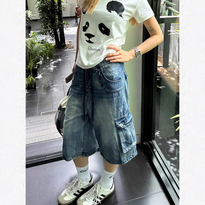 Unisex American Style Washed Denim Capri Pants – Loose Fit Multi-Pocket Cropped Jeans for Men & Women