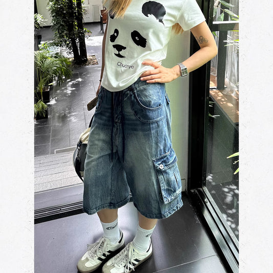 Unisex American Style Washed Denim Capri Pants – Loose Fit Multi-Pocket Cropped Jeans for Men & Women