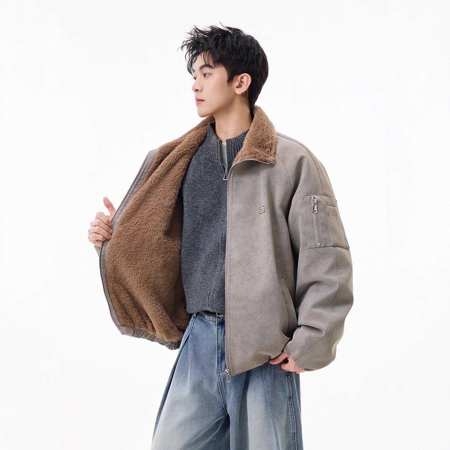 Men’s American Style Fleece-Lined Cotton Coat – Tie-Dye PU Leather Lapel, Fur Trim, Extra Warm Padded Jacket