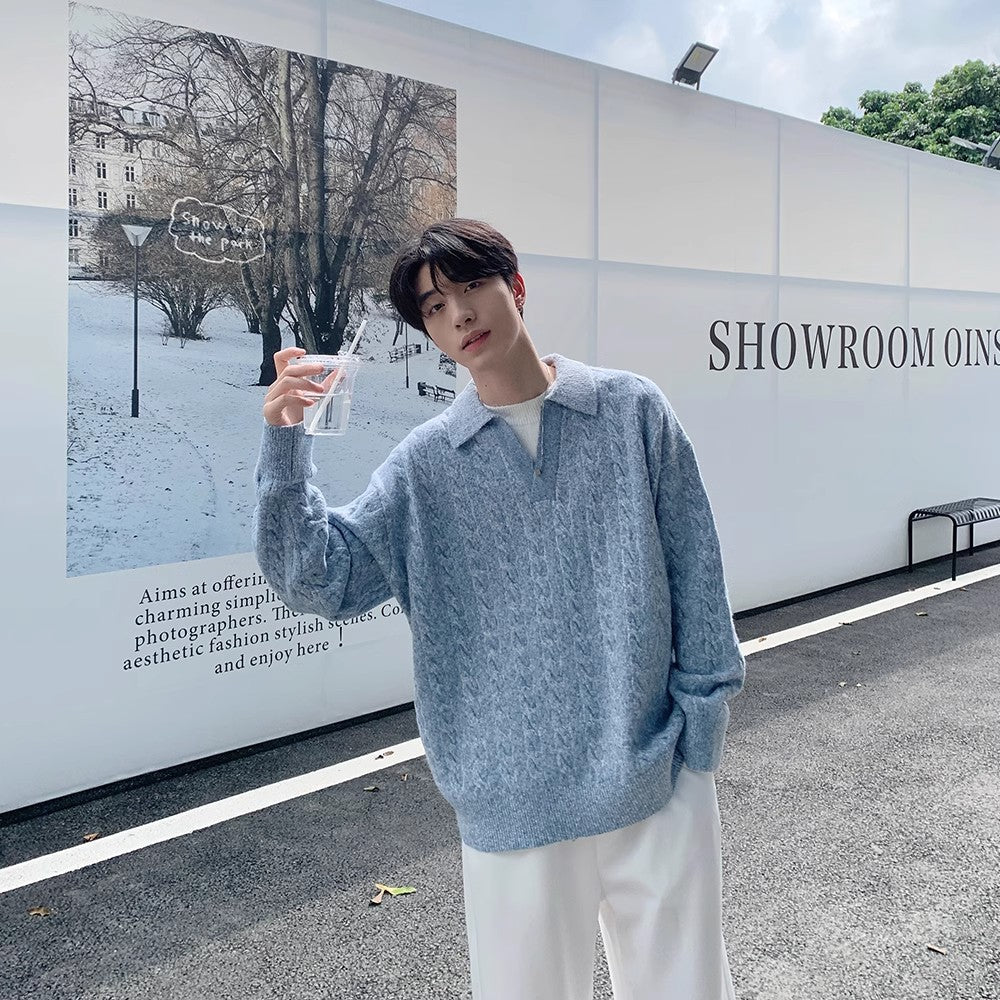 Men’s Retro Herringbone Knit Sweater – Textured Lapel Pullover, Vintage Casual Jumper