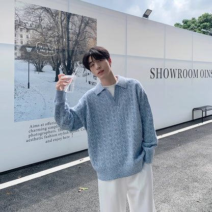 Men’s Retro Herringbone Knit Sweater – Textured Lapel Pullover, Vintage Casual Jumper