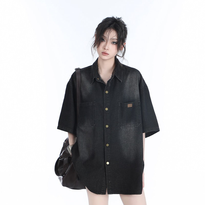 American Retro Heavy Wash Denim Short Sleeve Shirt – Vintage Washed Casual Streetwear