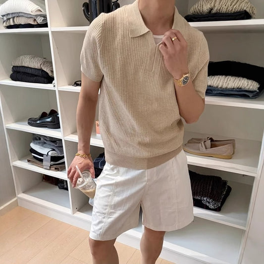 Retro Knitted Men’s Sports Tee – Comfortable Short Sleeve Casual T-Shirt