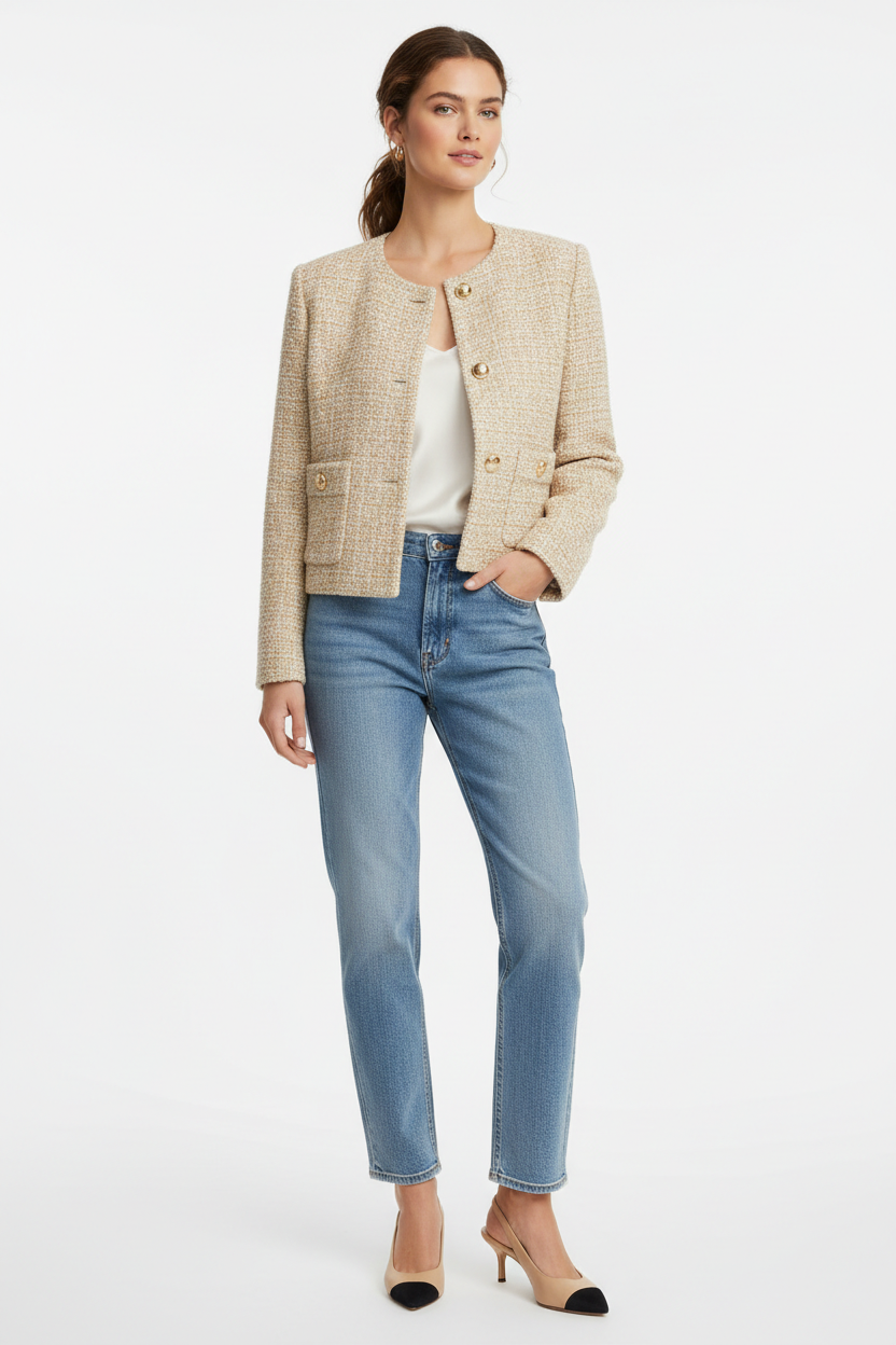Woman in Elegant Beige Coat